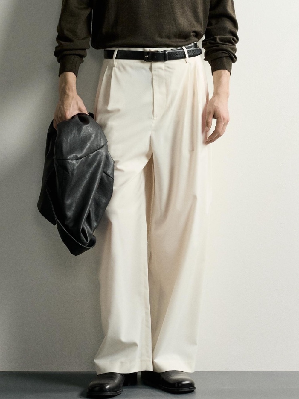 Wide-Leg Cream Men’s Dress Pants wool included belt